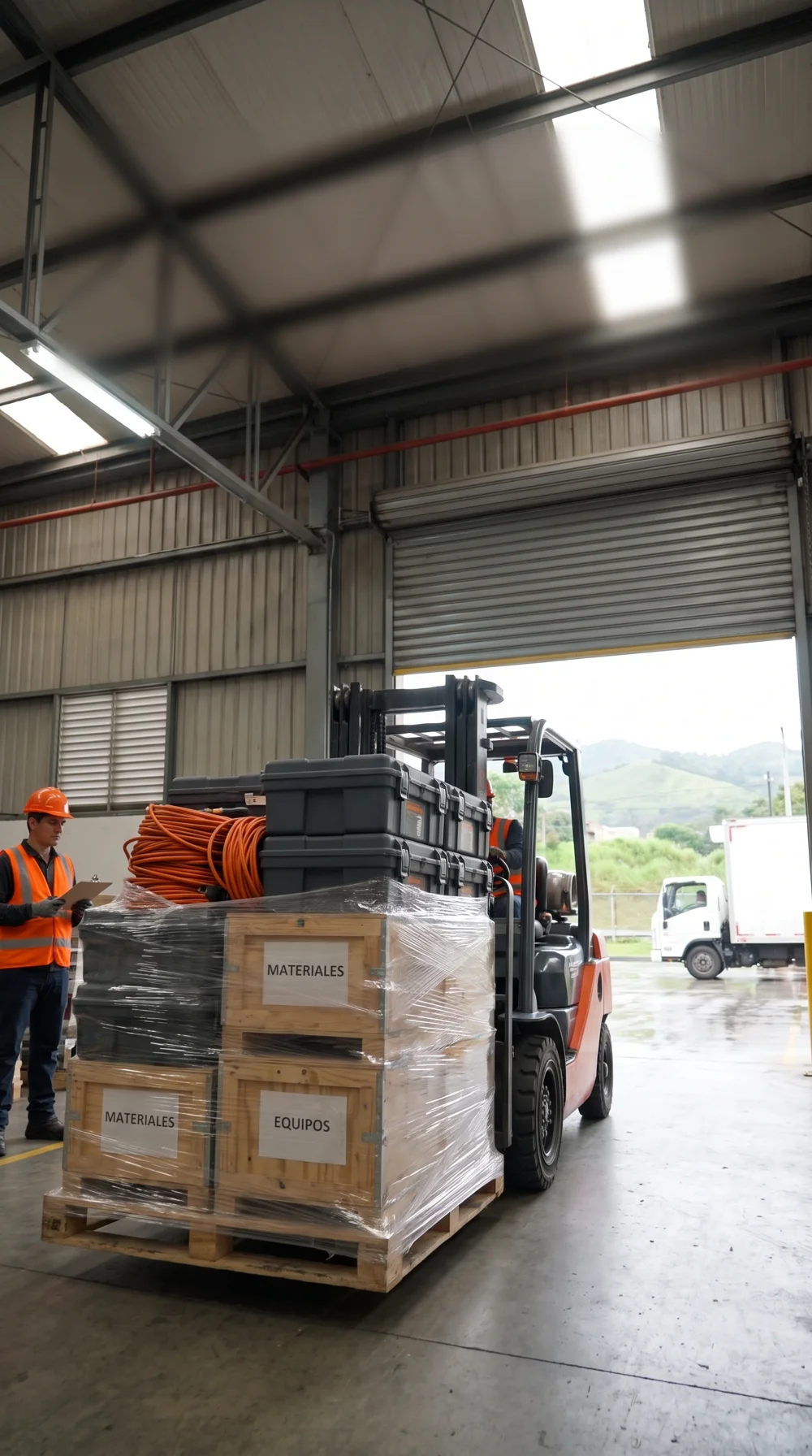 Escena ilustrativa de logística de materiales y herramientas en una bodega industrial